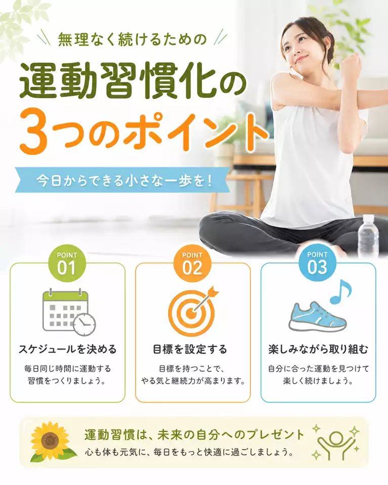 横須賀市で運動の習慣化にお悩みの方へ、スケジュールの決め方、目標設定、楽しみながら続ける工夫を解説する画像 横須賀市で運動の習慣化にお悩みの方へ、スケジュールの決め方、目標設定、楽しみながら続ける工夫を解説する画像