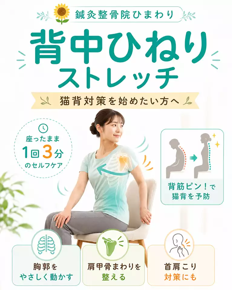 横須賀市で猫背や首肩こりが気になる方へ、椅子に座ったまま胸郭と肩甲骨まわりをやさしく動かす背中ひねりストレッチを解説する画像
