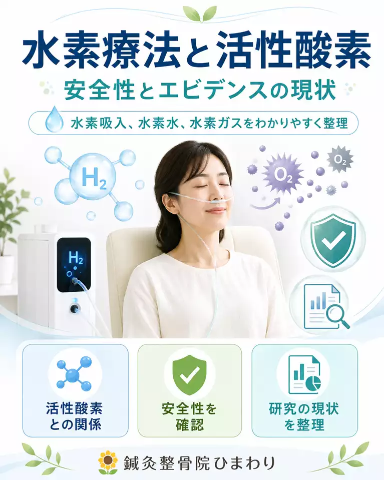 横須賀市の水素療法と活性酸素、安全性と研究の現状 横須賀市で水素吸引や水素水に関心がある方へ、鼻カニューレによる水素吸引、水素と活性酸素の関係、安全性、研究の現状を解説する画像