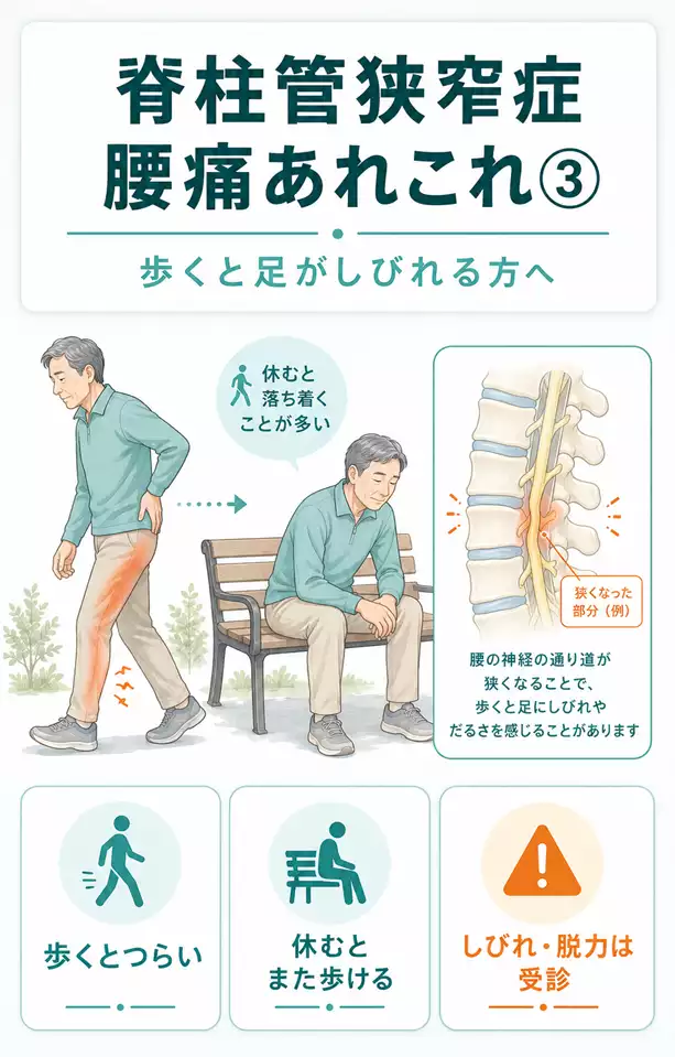 横須賀市、脊柱管狭窄症、歩行時の足のしびれと受診目安 脊柱管狭窄症で歩くと足がしびれ、休むとまた歩ける特徴と受診目安を示す図