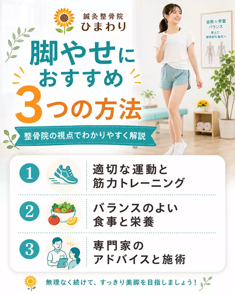 横須賀市で脚やせを目指したい方へ、適切な運動と筋力トレーニング、バランスのよい食事と栄養、専門家への相談を解説する画像