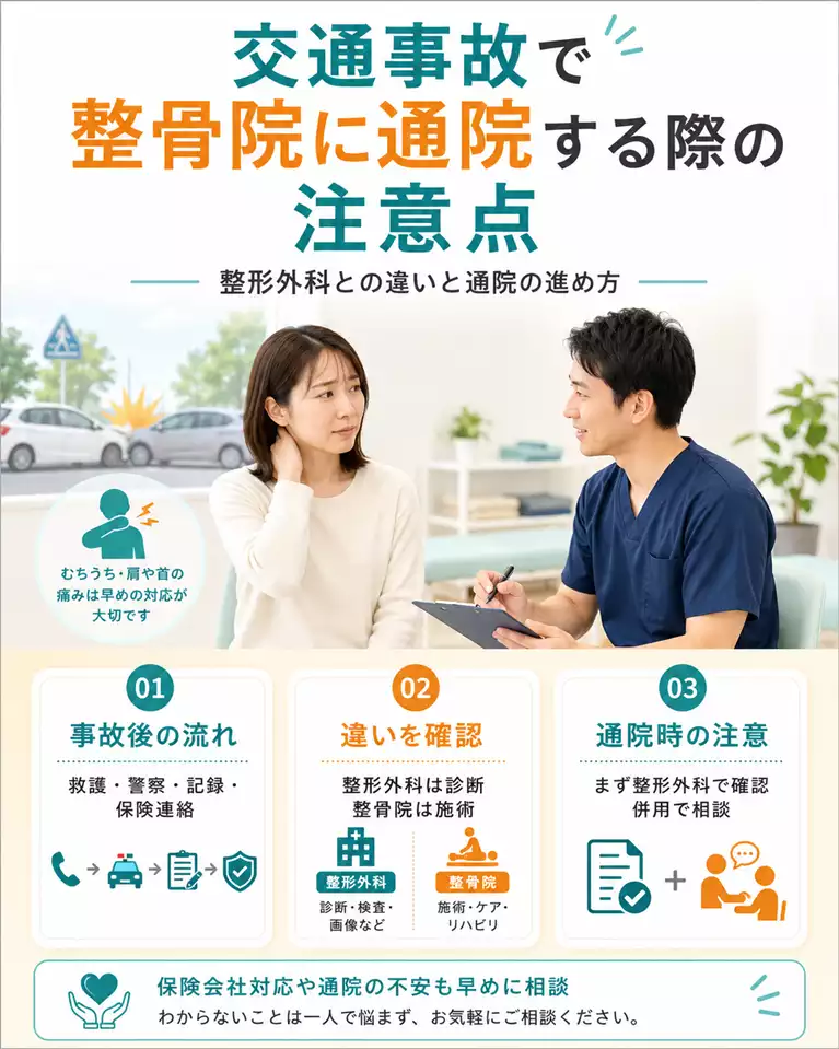横須賀市で交通事故後に整骨院へ通院する際の注意点、整形外科との違い、事故後の流れ、保険会社対応や通院の不安を解説する画像