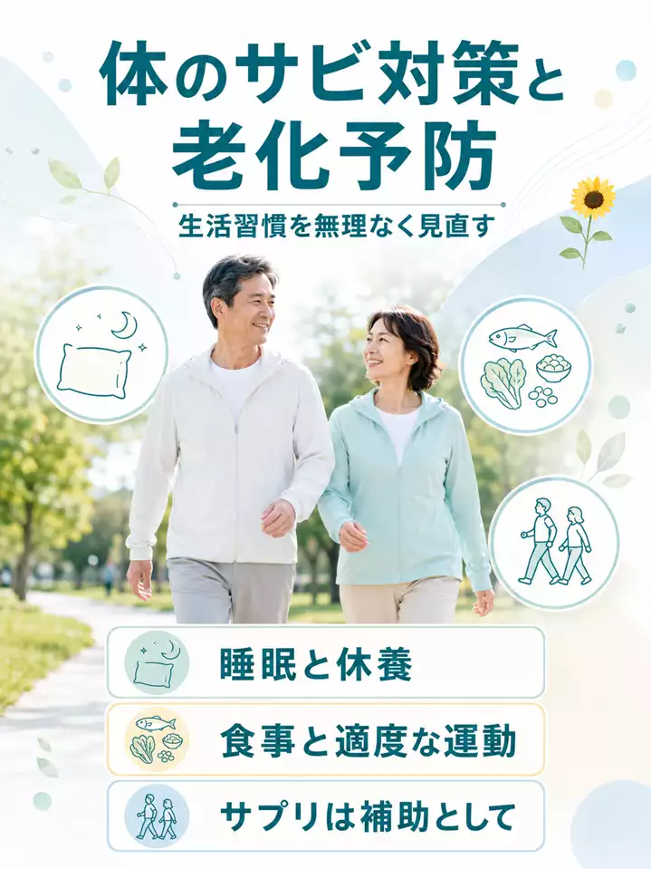体のサビ対策と老化予防 横須賀市で体のサビ対策と老化予防のために睡眠、休養、食事、適度な運動を見直すポイントを示す画像