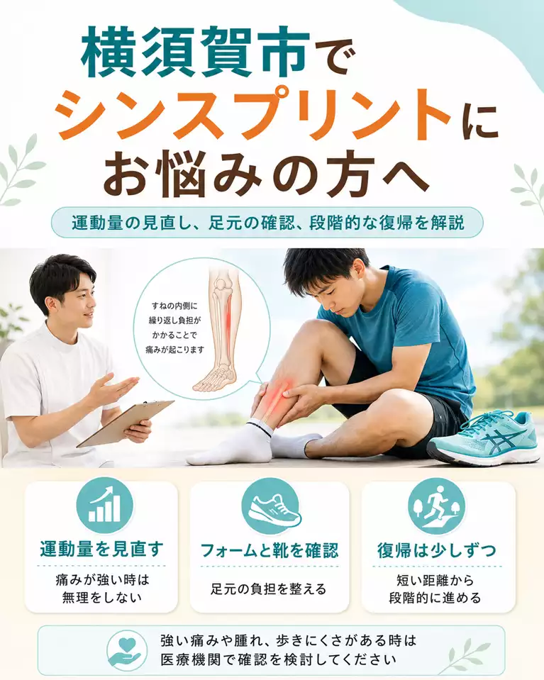 横須賀市でシンスプリントにお悩みの方へ、運動量の見直し、フォームと靴の確認、段階的な競技復帰を解説する画像