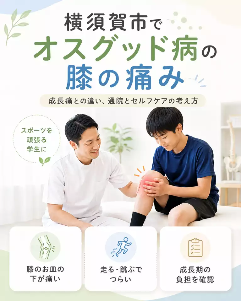 横須賀市でオスグッド病による膝のお皿の下の痛み、成長痛との違い、通院とセルフケアの考え方を解説する画像 横須賀市でオスグッド病による膝のお皿の下の痛み、成長痛との違い、通院とセルフケアの考え方を解説する画像
