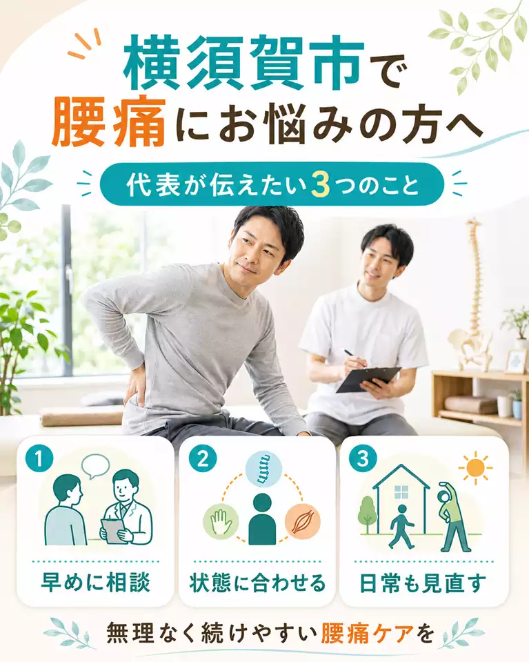 横須賀市で腰痛にお悩みの方へ、代表が伝えたい3つのこと 横須賀市で腰痛にお悩みの方へ、早めの相談、状態に合わせた施術、日常の見直しを解説する画像