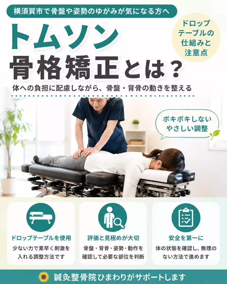 横須賀市のトムソン骨格矯正とドロップテーブルの仕組み 横須賀市で骨盤や姿勢のゆがみが気になる方へ、施術者がドロップテーブルで女性の骨盤まわりを調整するトムソン骨格矯正の仕組みと注意点を紹介する画像