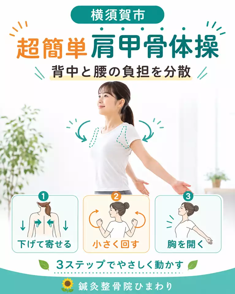 横須賀市で行う超簡単肩甲骨体操3ステップ 横須賀市で肩甲骨まわりのこわばりや腰の重だるさが気になる方へ、肩甲骨を下げて寄せる、小さく回す、胸を開く3ステップ体操を解説する画像