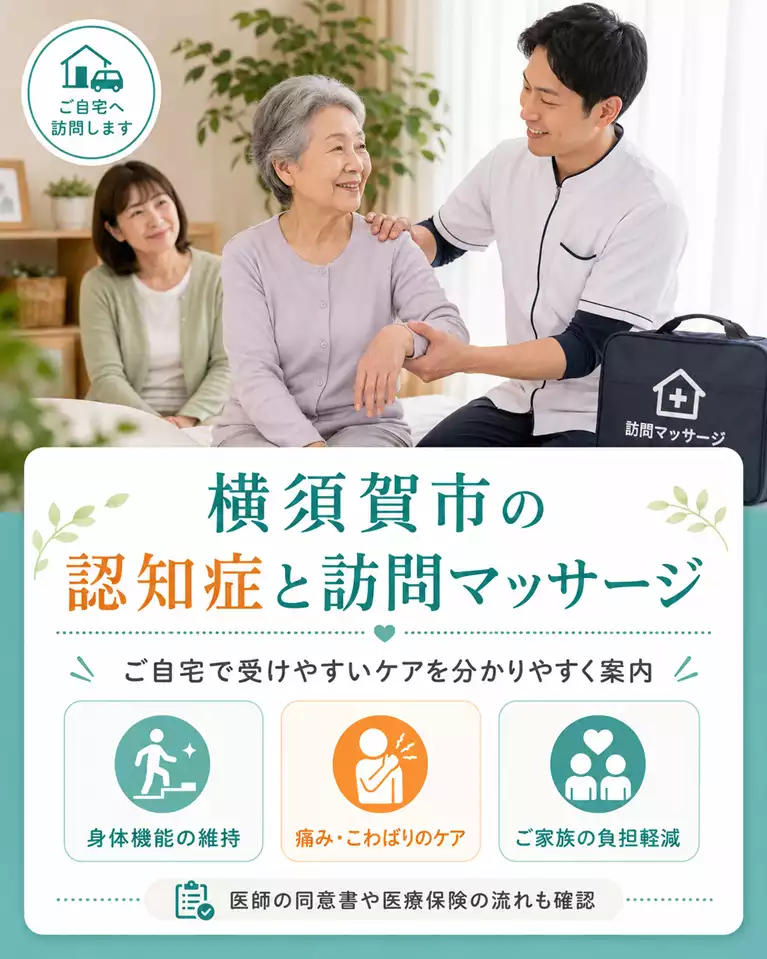 横須賀市で認知症の方とご家族向けに、ご自宅で受けられる訪問マッサージの流れ、身体機能の維持、痛みやこわばりのケア、医師の同意書や医療保険の確認を案内する鍼灸整骨院ひまわりのスマホ用ヒーロー画像