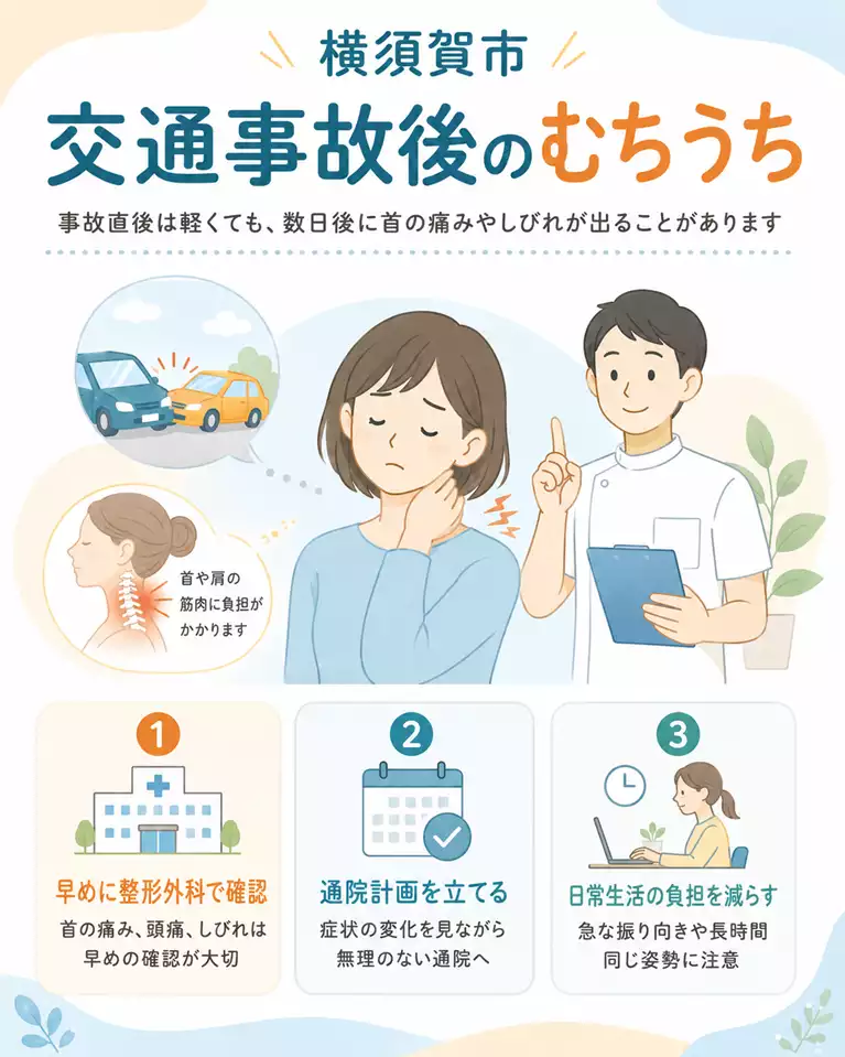 横須賀市で交通事故後のむちうちにお悩みの方へ、早めの整形外科での確認、無理のない通院計画、日常生活の負担軽減を解説する画像