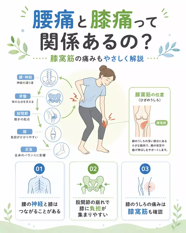 横須賀市の腰痛と膝痛の関係、膝窩筋の痛み 横須賀市で腰痛と膝痛の関係が気になる方へ、腰から膝までのつながり、膝窩筋の位置、腰の神経や股関節の影響、膝のうしろの痛みの見方をやさしく紹介する画像
