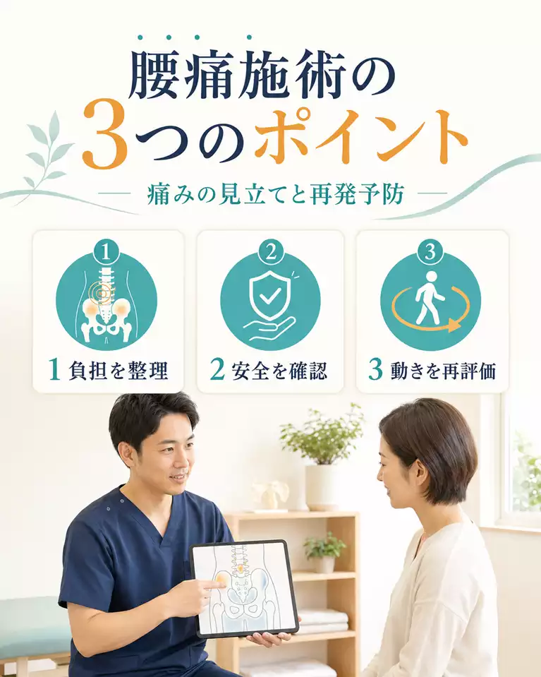 腰痛施術の3つのポイント、痛みの見立てと再発予防 横須賀市の鍼灸整骨院ひまわりで、腰痛施術における負担の整理、安全確認、動作の再評価を説明する様子