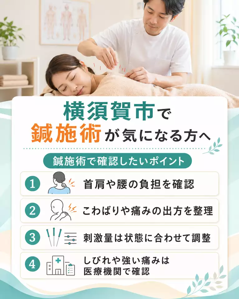 横須賀市で鍼施術が気になる方へ 横須賀市で鍼施術が気になる方へ、首肩や腰の負担、こわばりや痛みの出方、刺激量の調整、しびれや強い痛みは医療機関で確認することを分かりやすく示す画像