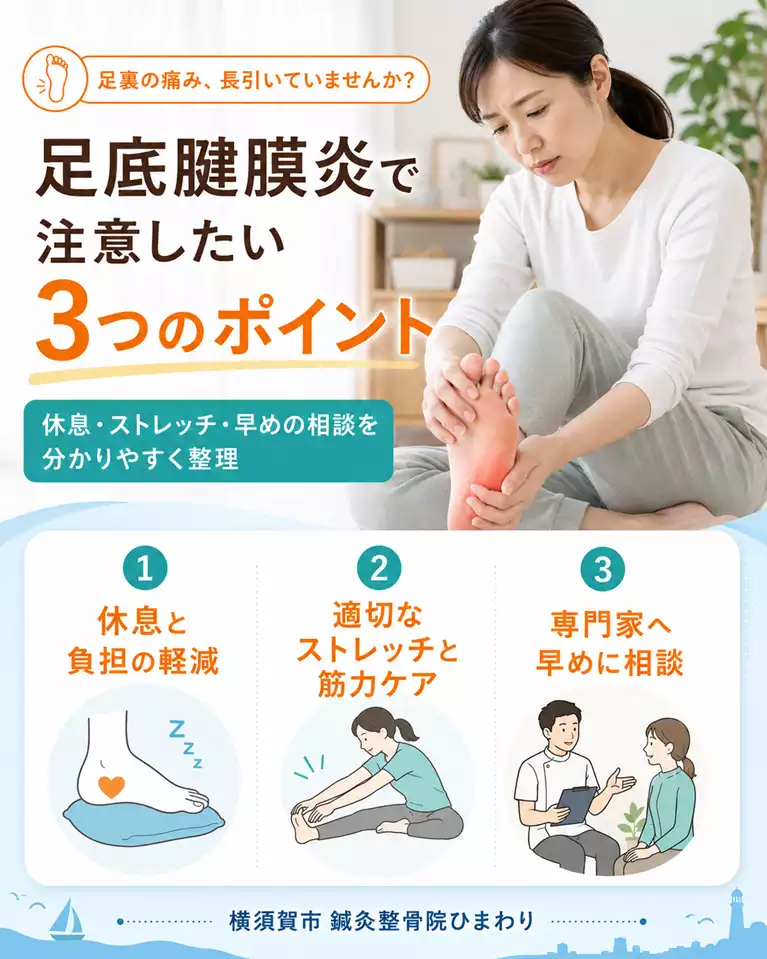 横須賀市で足底腱膜炎にお悩みの方へ、休息と負担軽減、適切なストレッチと筋力ケア、早めの相談目安を解説する画像