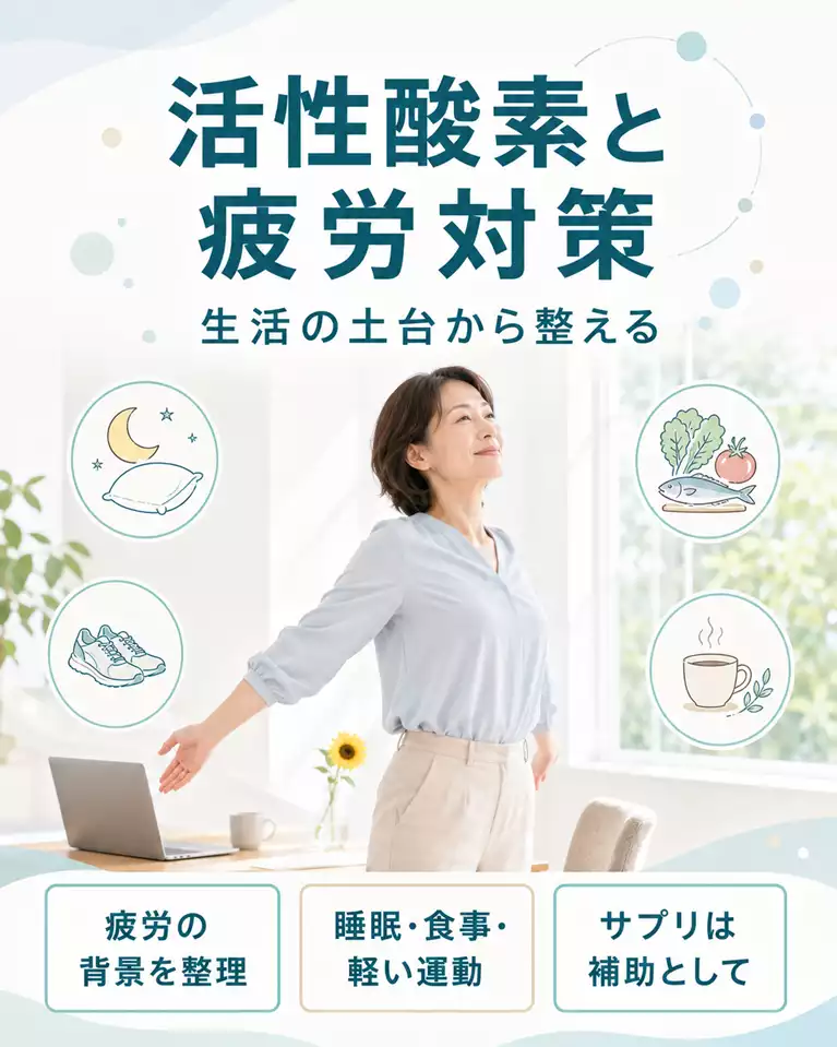 横須賀市で活性酸素と疲労対策のために疲労の背景、睡眠、食事、軽い運動を見直すポイントを示す画像