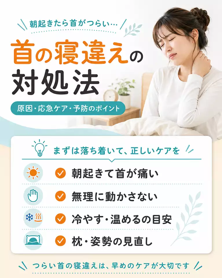 横須賀市で首の寝違えによる朝起きた時の首の痛み、無理に動かさない対処法、冷やす温める目安、枕や姿勢の見直しを解説する画像 横須賀市で首の寝違えによる朝起きた時の首の痛み、無理に動かさない対処法、冷やす温める目安、枕や姿勢の見直しを解説する画像