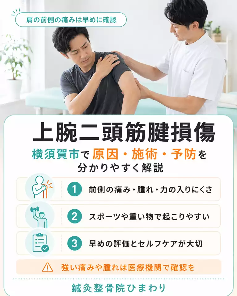 横須賀市の上腕二頭筋腱損傷と肩の前側の痛みの相談 横須賀市で上腕二頭筋腱損傷による肩の前側の痛みや腫れ、力の入りにくさを解説する画像