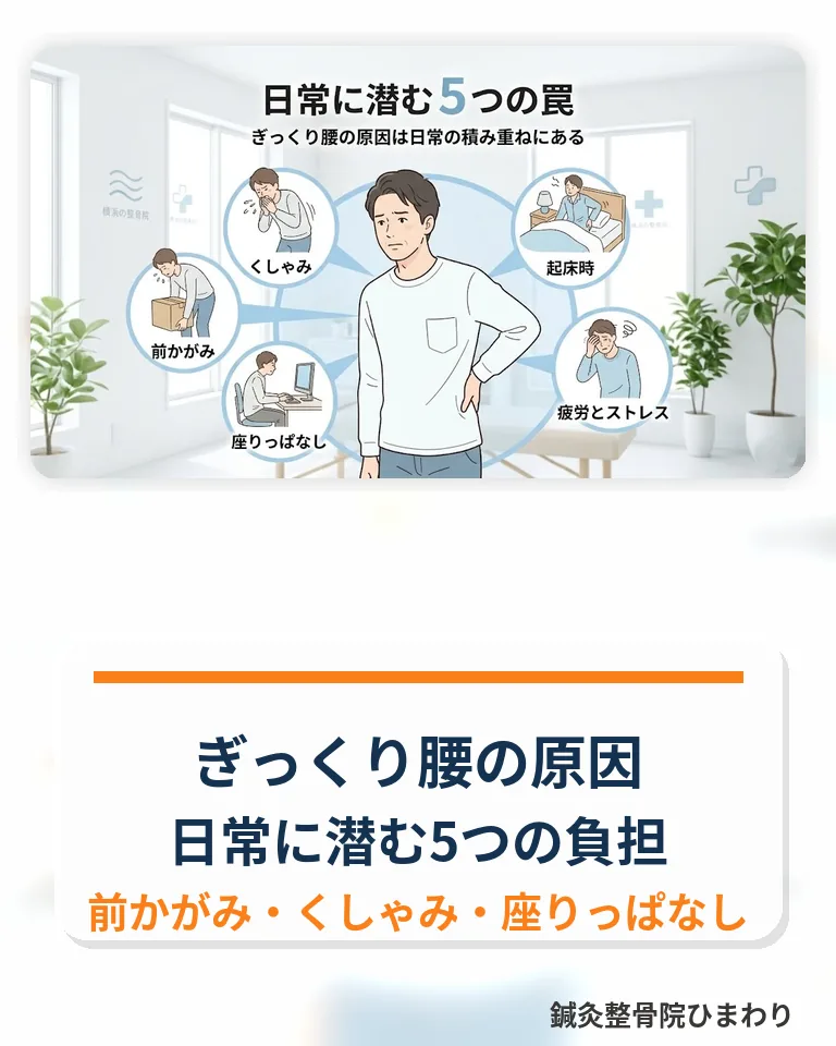 横須賀市でぎっくり腰の原因と日常に潜む5つの負担を確認する 横須賀市でぎっくり腰の原因となる日常の負担を確認するスマホ用画像