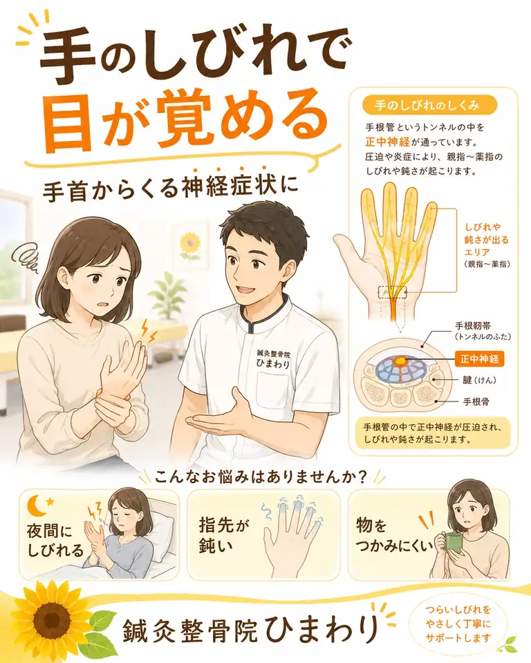 横須賀市で手根管症候群による手のしびれと指先の違和感を相談する画像 横須賀市の鍼灸整骨院ひまわりで手根管症候群による手のしびれや指先の違和感を相談する方へ向けた画像
