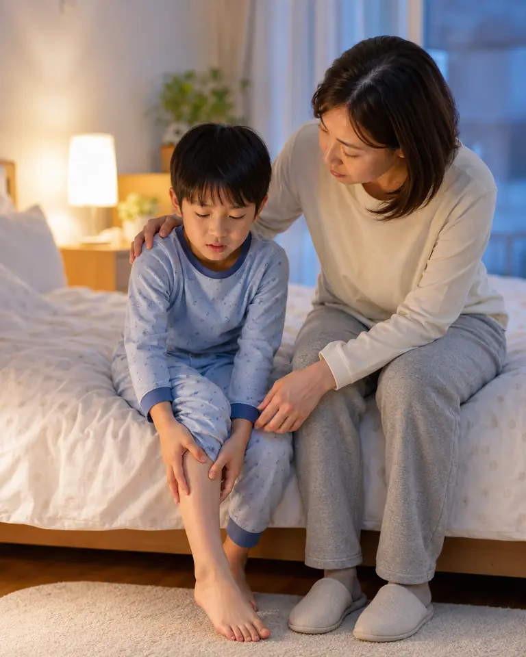 横須賀市で夜に足を痛がる子どもを心配して見守る保護者のイメージ