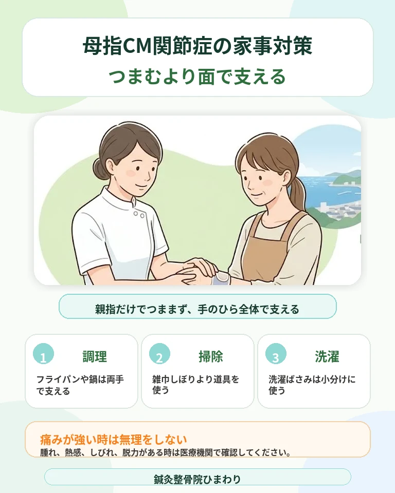 横須賀市で母指CM関節症の家事による親指のつけ根の痛みを悪化させにくい工夫を紹介するスマホ用説明画像