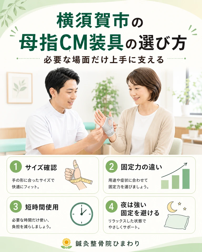横須賀市の母指CM装具の選び方は必要な場面だけ上手に支える 横須賀市で母指CM関節炎の装具の選び方としてサイズ確認、固定力の違い、短時間使用、夜間の注意点を知りたい方へ向けたスマホ用画像