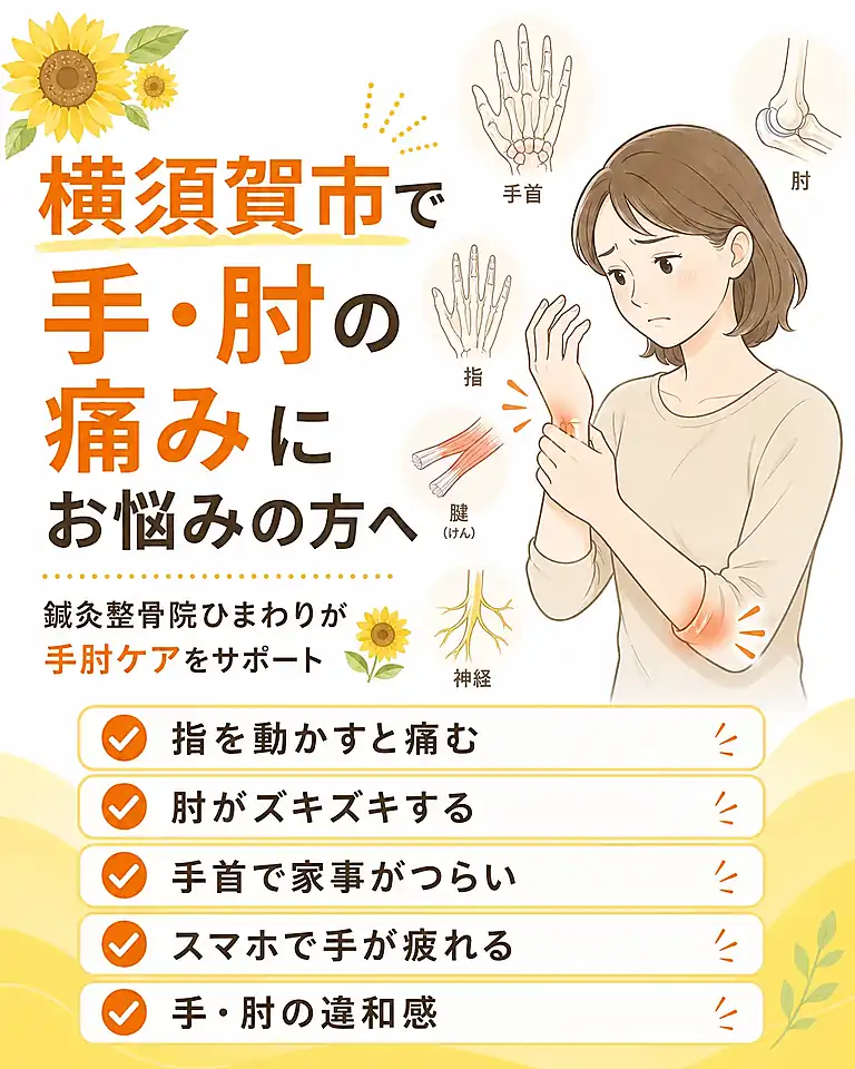 横須賀市で手首、指、肘の痛みや違和感を相談する手肘ケアサポート画像 横須賀市の鍼灸整骨院ひまわりで手首、指、肘の痛みや違和感を相談する方へ向けた手肘ケア画像
