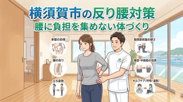 横須賀市で反り腰や骨盤前傾による腰の張りを整える方法を紹介する説明画像