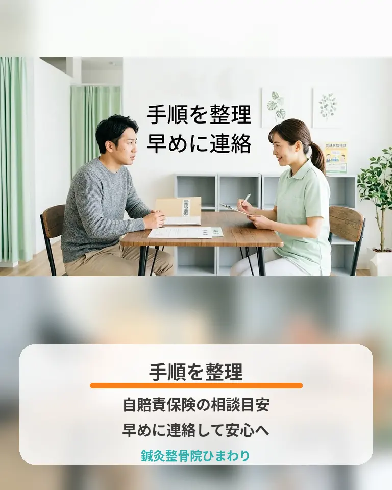 自賠責保険の手順整理と相談目安 横須賀市の鍼灸整骨院ひまわりが自賠責保険の手順整理と相談目安を説明する画像