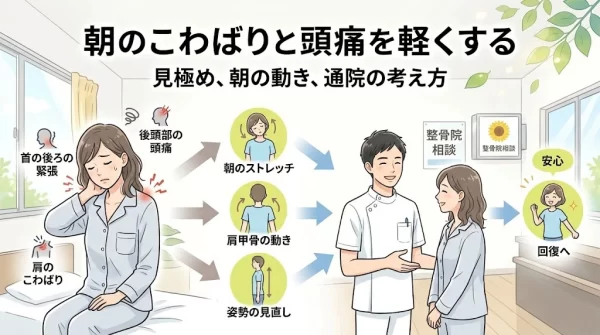 横須賀市で交通事故後の朝の首のこわばりと頭痛の対処法を紹介する説明画像