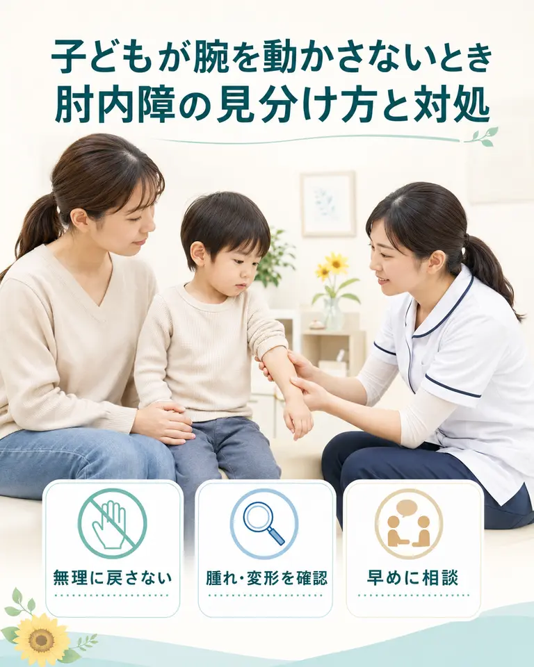 子どもが腕を動かさない時の肘内障と受診目安 子どもが腕を動かさない時に、保護者と施術者が肘の腫れや変形を確認する様子