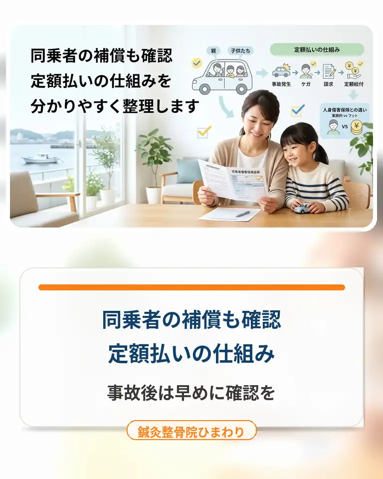 横須賀市で交通事故後の同乗者補償と定額払いの仕組みを知りたい方へ 横須賀市で交通事故後の同乗者の補償と定額払いの仕組みを案内する鍼灸整骨院ひまわりのスマホ用画像