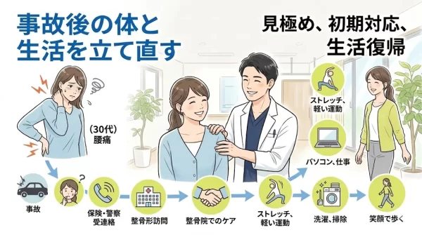 横須賀市で交通事故後の体調管理と生活復帰の流れを紹介する説明画像