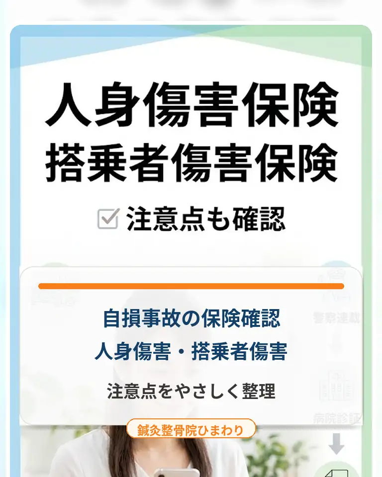 横須賀市で自損事故後の任意保険と補償の注意点を知りたい方へ 横須賀市で自損事故後の人身傷害保険と搭乗者傷害保険の注意点を案内する鍼灸整骨院ひまわりのスマホ用画像