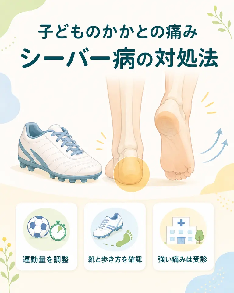 横須賀市でシーバー病による子どものかかとの痛みと運動量、靴、歩き方を確認するイメージ