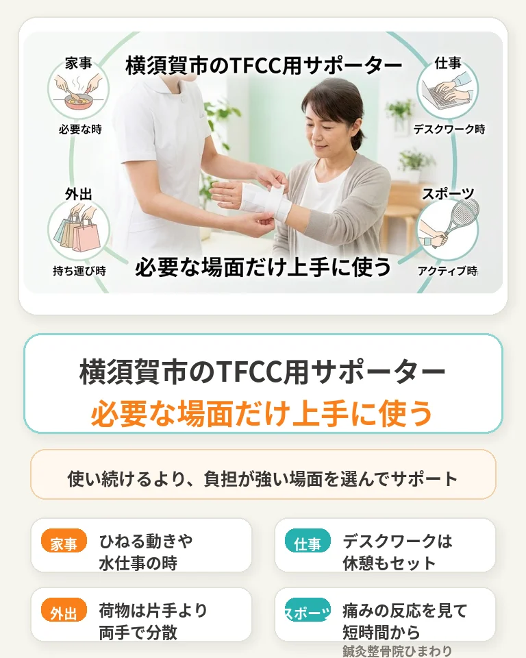 横須賀市のTFCC用サポーターは必要な場面だけ上手に使う 横須賀市でTFCC用サポーターの使い分けや装着時間を相談したい方へ向けたスマホ用ヒーロー画像