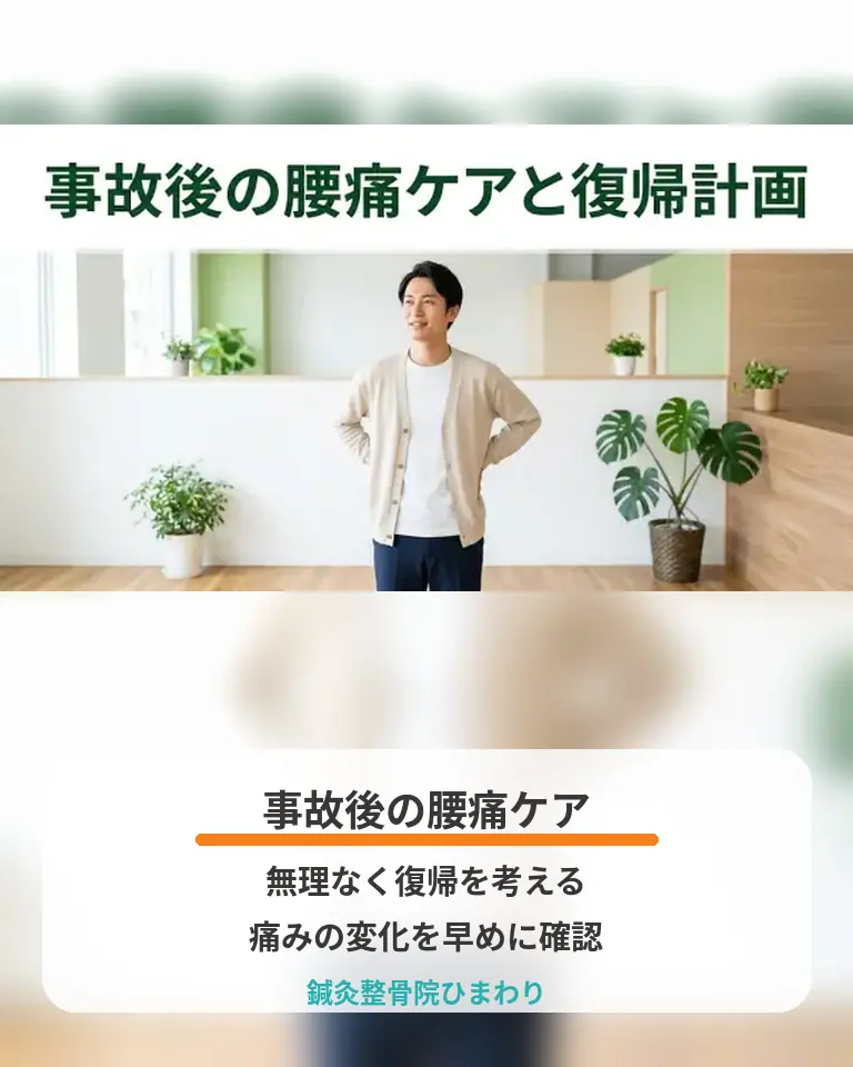 横須賀市の鍼灸整骨院ひまわりが交通事故後の腰痛ケアと無理のない復帰計画を説明する画像