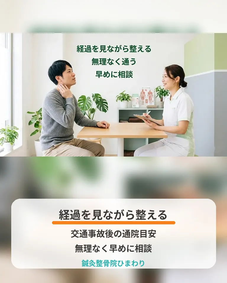 横須賀市の鍼灸整骨院ひまわりが交通事故後の通院目安と経過を見ながら整える流れを説明する画像