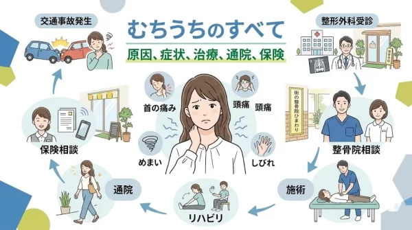 横須賀市でむちうちの原因、症状、通院、保険確認の流れを紹介する説明画像